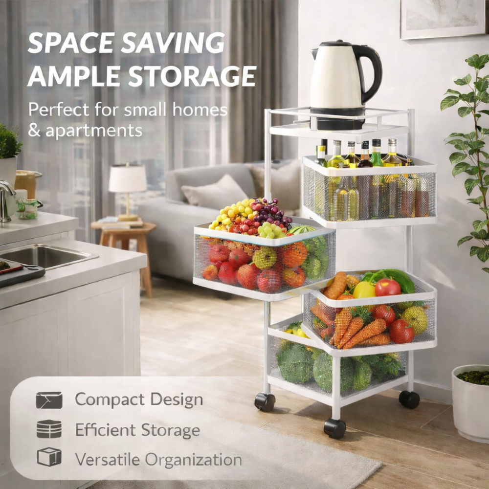 4 Tier Multipurpose Trolley with Wheels – White l Storage Rack