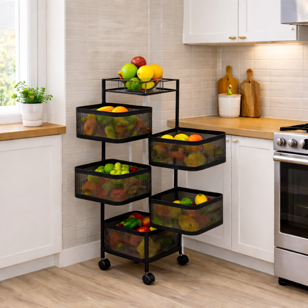 5 Layer Revolving Sqaure Kitchen Trolley – Movable Storage Cart with Wheels