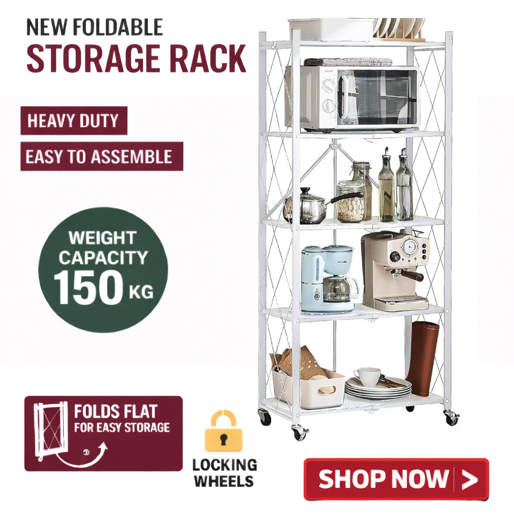 Foldable 5 Tier Heavy-Duty Storage Shelf with Wheels – Carbon Steel (White)