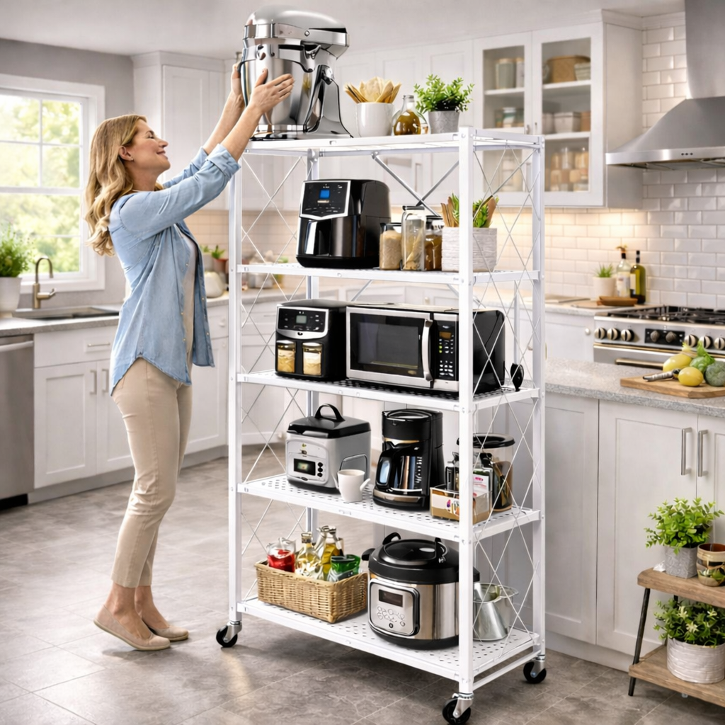 Foldable 5 Tier Heavy-Duty Storage Shelf with Wheels – Carbon Steel (White)