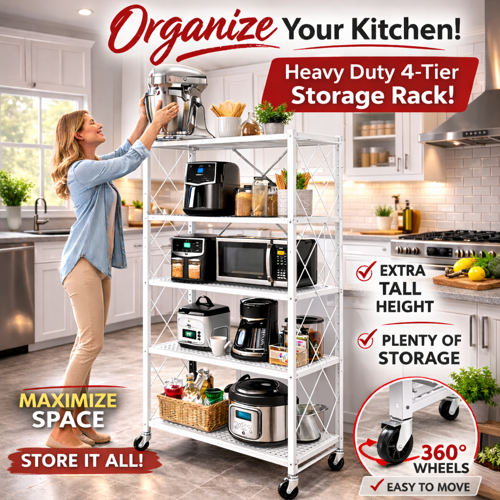 Foldable 5 Tier Heavy-Duty Storage Shelf with Wheels – Carbon Steel (White)