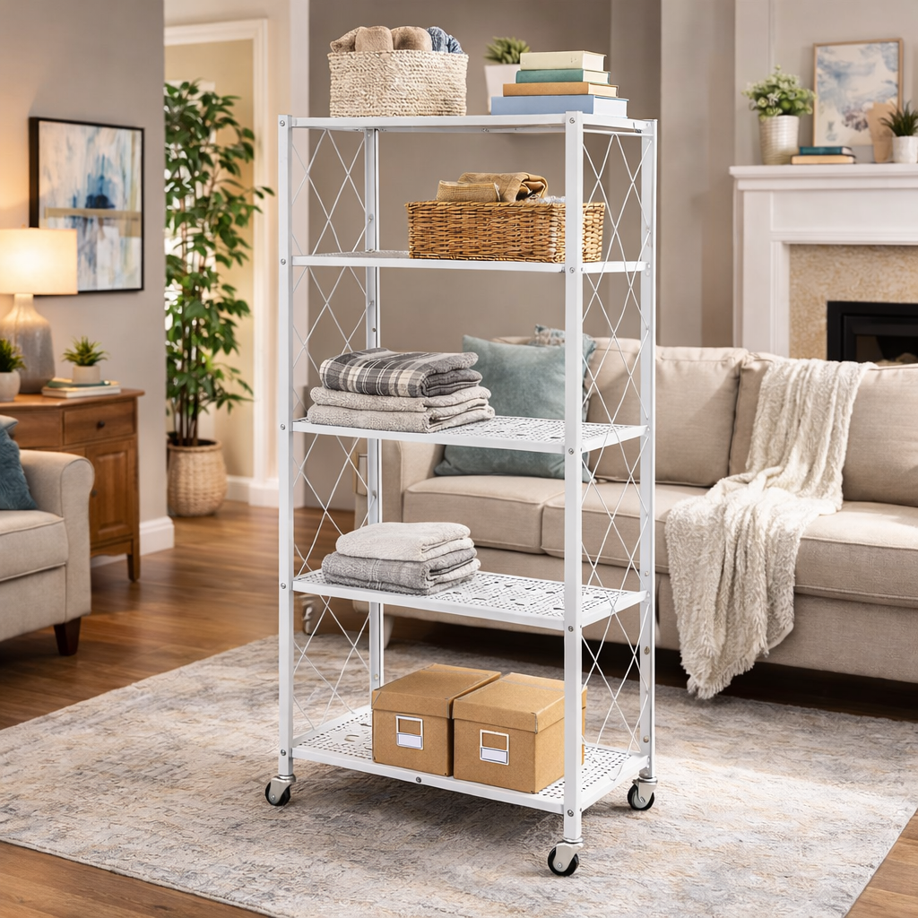 Foldable 5 Tier Heavy-Duty Storage Shelf with Wheels – Carbon Steel (White)