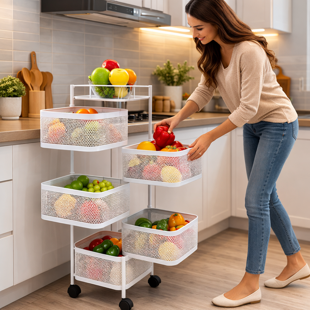 5 TIier Kitchen Cart with Wheels – White Storage Rack