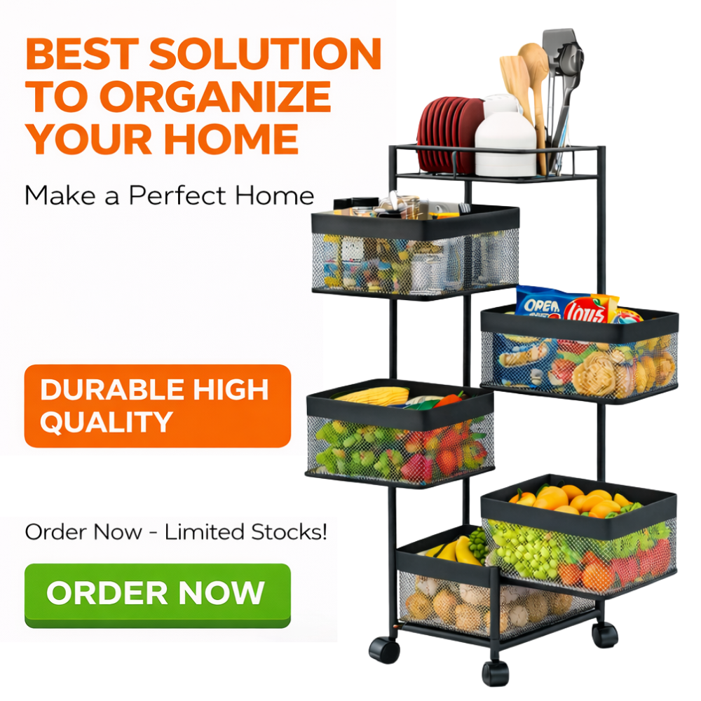 5 Layer Revolving Sqaure Kitchen Trolley – Movable Storage Cart with Wheels