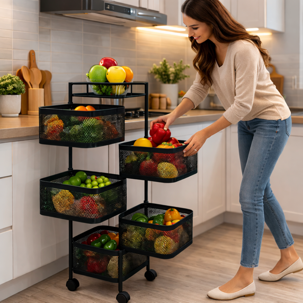 5 Layer Revolving Sqaure Kitchen Trolley – Movable Storage Cart with Wheels