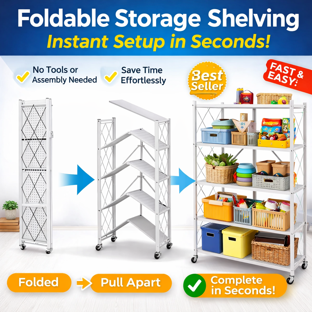 Foldable 5 Tier Heavy-Duty Storage Shelf with Wheels – Carbon Steel (White)