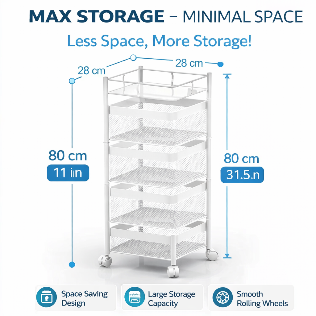 4 Tier Multipurpose Trolley with Wheels – White l Storage Rack